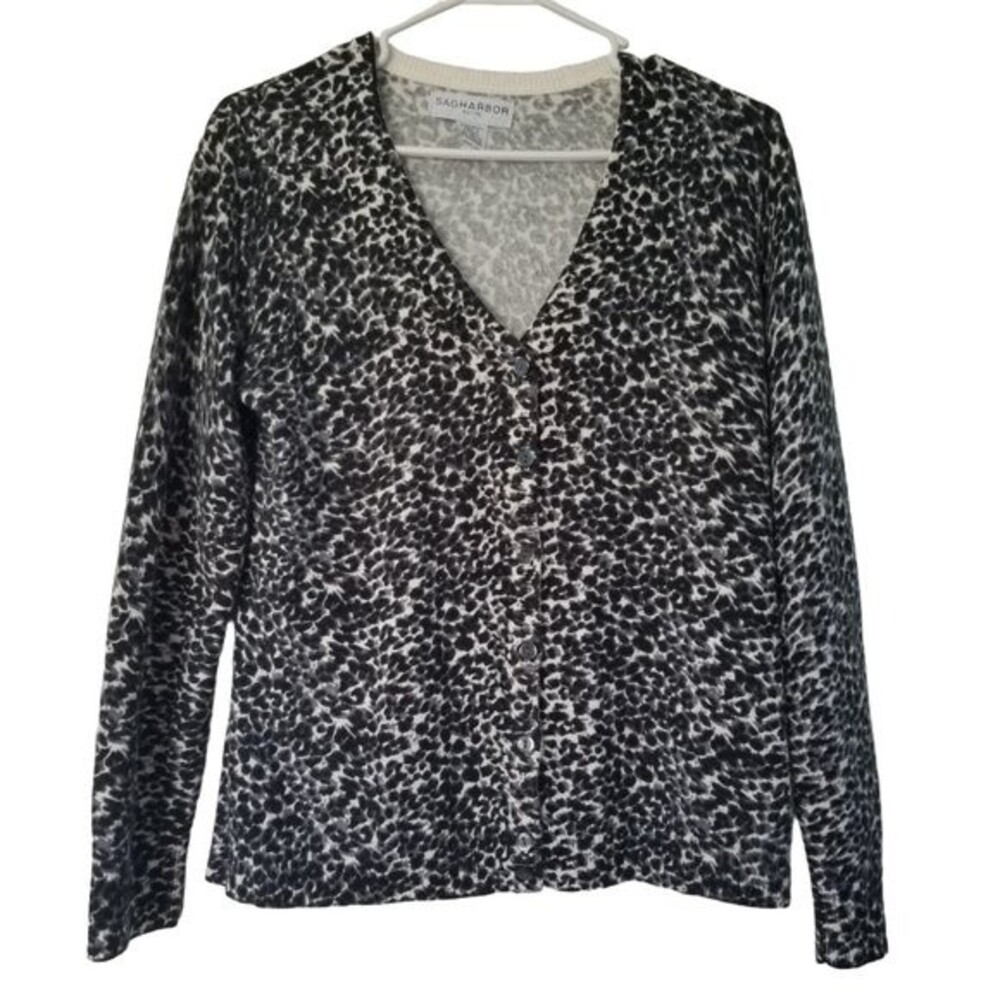 Sag Harbor Women's Sweater Size Petite PS Animal Print Cardigan